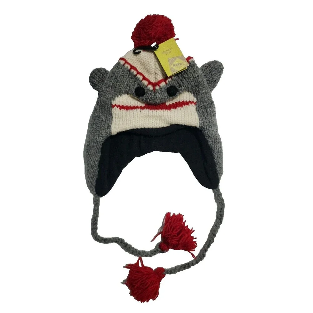 NWT World Market Kids Wool Monkey Hat Gray Red Black White Tassel Lined Earflap